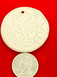 Pottery Medallion Of A Bull  34mm Script  France