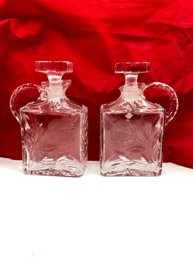 Set Of 2 Etched Diamond  Cut Crystal Glass Decanter Rare To Find