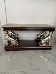 Beautiful Colombo Furniture Carved Wood Sphinxes  Mahogany Wood  Inlaid  Coffee Table Very Rare To Come By 1-2