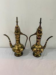 Vintage Set Of 2 Brass Teapot  Genie Lamp Pitcher Ornate Etched