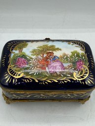 Vintage France Cobalt Royal Blue Porcelain &  Bronze  Trinket Box