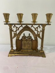 Vintage Judaica Solid Brass Candlesticks Enamel Ten Commandments