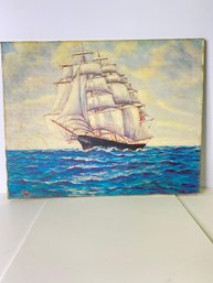 Vintage Oil Painting On Canvas 1968 Ship Boat Signed By J.links