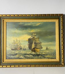 Vintage Oil Painting On Canvas ''sea Battel'' Signed & Framed