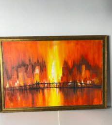 Vintage Oil Painting On Canvas  Burning City  Signed And Framed