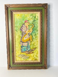 Vintage Oil Painting On Canvas  Of A Clown With Saxophone Signed Vasso