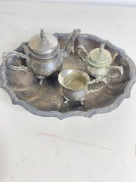 Vintage 4 Piece Silver Plated Tea Or Coffee Set With Serving Tray