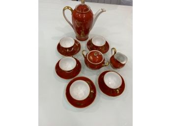 Antique Original Dresden  Hand Painted Hot Red And Gold Pedestal Tea Set