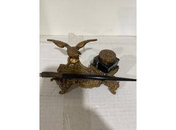 Antique Metal Gold Toned Eagle Inkwell With Pen