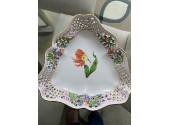 Hungarian Porcelain Herend Bouquet De Saxe Triangle Openwork Dish