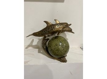 VINTAGE Granite Or Marble Ball With Dolphins,  BRASS SCULPTURE, GREEN SPHERE