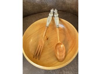 Wooden Salad Bowl With Sterling Base And Sterling Handle Serving Pieces