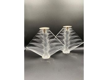 Pair Of Lalique Crystal Ravelana Art Glass Candleholders