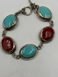 Heavy Sterling Turquoise And Coral Bracelet