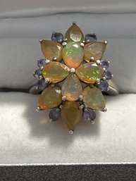 Huge Ethiopian  Opal And Tanzanite Cocktail Ring