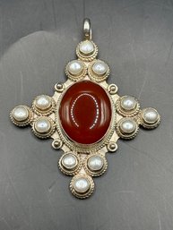 Heavy Sterling Silver Carnelian Pearl Pendant