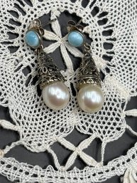 Lovely Sterling Silver Larimar And Pearl Earrings