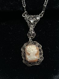 Antique Filigree Sterling Silver Cameo Necklace