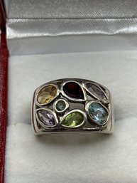 Wide Sterling Silver Multi Gemstone Ring Band