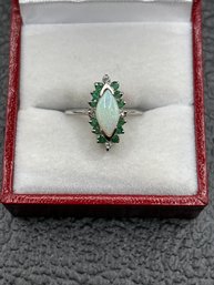 Elegant Vintage Opal Emerald Diamond 14 Kt Gold Ring