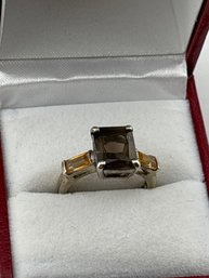 Emerald Cut Smoky Topaz And Citrine Sterling Ring