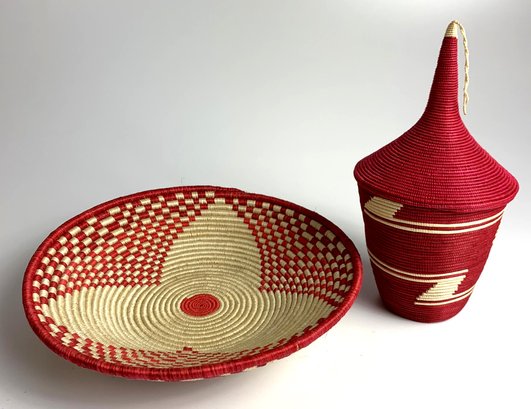 Vintage Spiral Red Woven Plate And Lidded Container  (JA67)