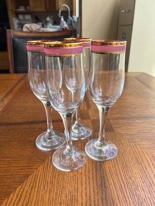 Dv1-4 Set Of Hand Painted Gold And Cranberry Wine Glasses