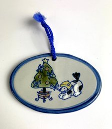 Vintage Louisville Stoneware Pottery Ornament Dog With Xmas Tree   (JA22)