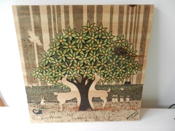 Wooden Panel Painting Of Tree And Animals (D1)