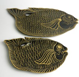 Vintage Large Papier Mache Black And Gold Fish Platters  (C-2)