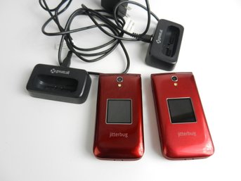 2 Red Jitterbug Flip Phones For Seniors With Chargers   (JA112)