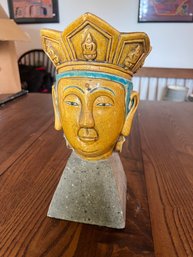 A4 Chinese Stoneware Sancai Glazed Head Of Maitreya On Concrete Base