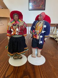A4 Pair Of Peruvian Folk Art Bisque Head Dolls