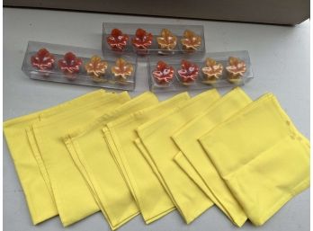 3 Sets Of Autumn Leaf Napkin Ring Holders And Napkins