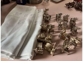 Large Lot Of Reindeer Napkin Rings With Table Cloth