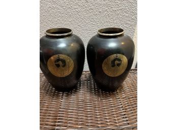 Pair Of Metal Vases With Pheonix Motif - India