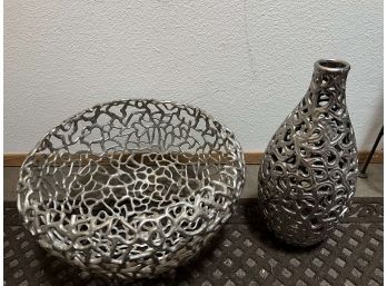 Decorative Metalware Lot - Large Bowl And Vase