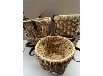 Set Of 5 Decorative Baskets With Leather Handles