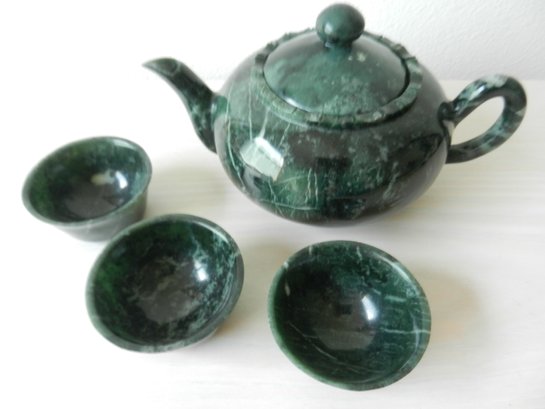 Vintage Asian Green Jade Stone Teapot With 3 Cups   (DL44)