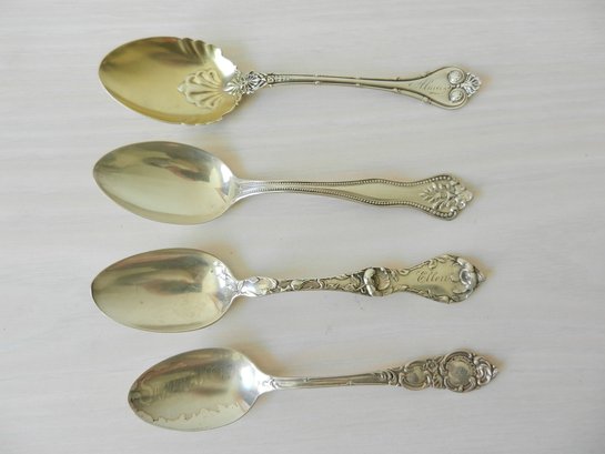 Vintage 4 Fancy Sterling Silver Spoons  Inc Gold Wash Bowl   (DL10)