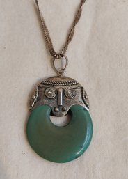 Sterling Silver And Aventurine/Jade Ethnic Design Pendant And Chain (E5)