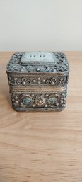 Ornate Silver Filigree Box With Turquoise And 'Jade' (P-57)
