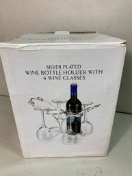 Silver Plated Wine Bottle Holder With 4 Glasses    (F2)