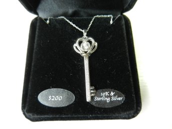 Vintage Maceys Bridge Diamond Sterling Silver 10k Gold Key Pendant On Chain    (DE48)