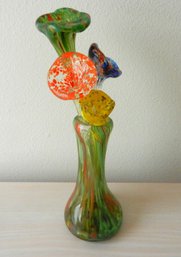 Vintage Hand Blown Art Glass Vase With 4 Flowers   (DL31)