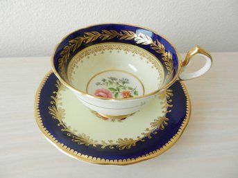 Vintage Aynsley 7739 England Bone China Cobalt Blue Floral Cup And Saucer   (DL37)