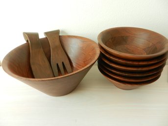 Vintage Wooden Serving Salad Bowl With 6 Bowls And Servers   (DL42)