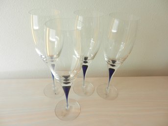 Vintage 4 Orrefors Intermezzo Crystal Glasses Blue Stems With Labels  (DL59)