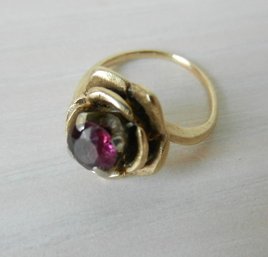 Very Tiny 2  Gold Ring Rose Design With Red Stone 14k  (D44)