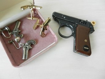 Vintage Pistol Cufflinks, Screwback Earrings And Lighter  PICKUP ONLY   (DE7)